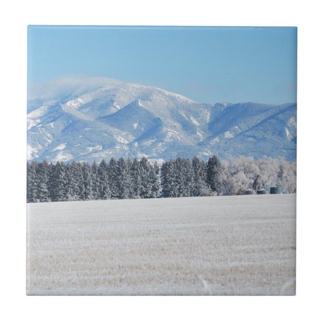 Winter Landscape of Trees, Snow and Mountains Tile (Front)