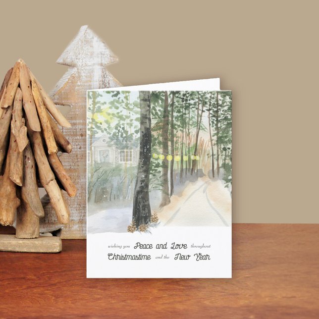 Winter Landscape Peace and Love Christmas Holiday Card (Christmas & New Year Card. Buy professionally printed or as printable digital download.)