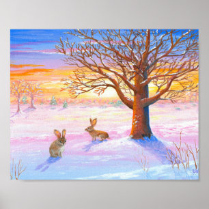 Winter Landscape Rabbits Oak Tree Wildlife Poster