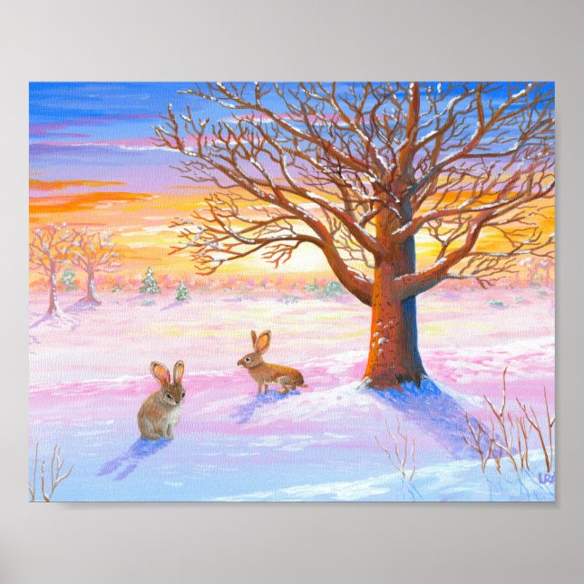 Winter Landscape Rabbits Oak Tree Wildlife Poster (Front)