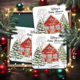 Winter Landscape Red House Baby Shower Coaster
