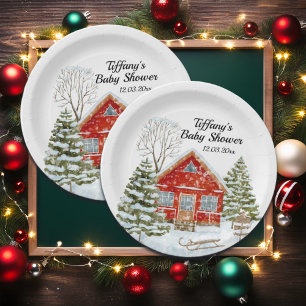 Winter Landscape Red House Baby Shower Paper Plate