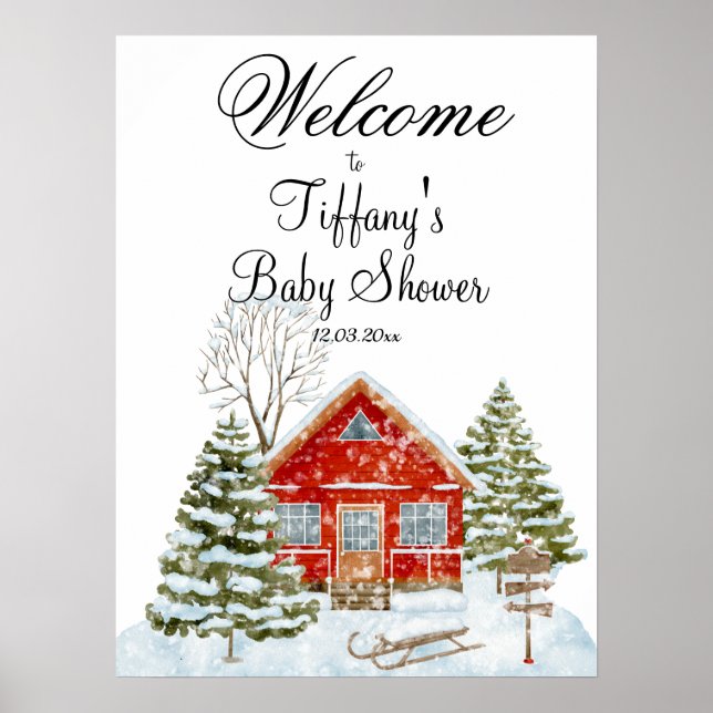 Winter Landscape Red House Baby Shower Welcome Poster (Front)