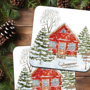 Winter Landscape Red House  Coaster