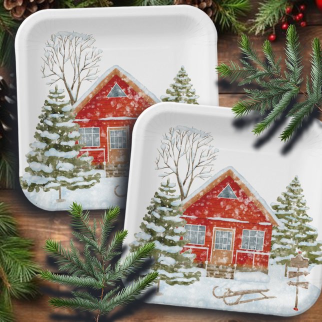 Winter Landscape Red House  Paper Plate (Creator Uploaded)