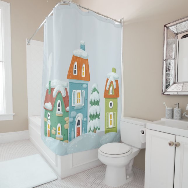 Winter Landscape Snow Houses Christmas Shower Curtain (In Situ)