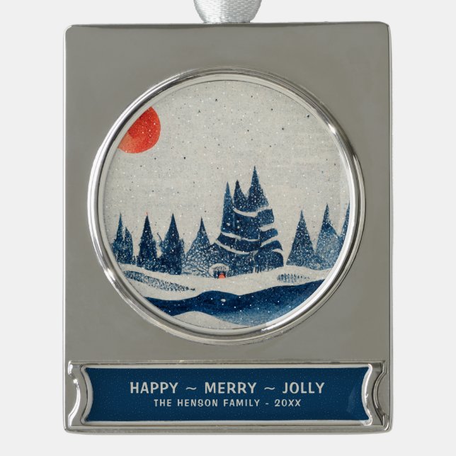 Winter Landscape Snowy Forest Moon Blue Drawing Silver Plated Banner Ornament (Front)