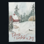 Winter Landscape Tidings of Comfort and Joy Tea Towel<br><div class="desc">Winter Landscape kitchen towel,  lettered with "Tidings of Comfort and Joy" in trendy script typography. This rustic country design has a watercolor scene of a lakeside lodge,  pine trees,  a duck on the lake,  snow and a sled.</div>