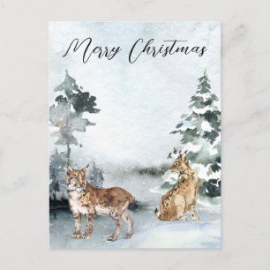Winter landscape Watercolor Bobcat Lynx Christmas Postcard