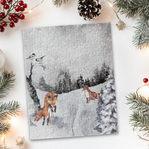 Winter Landscape Watercolor Foxes Jigsaw Puzzle
