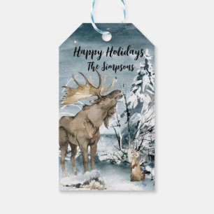 Winter landscape Watercolor Moose Happy Holidays Gift Tags