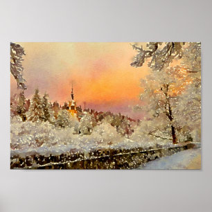 Winter landscape watercolor painting poster