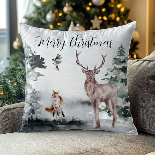Winter landscape Watercolor Stag Deer Christmas  Cushion