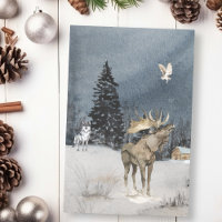 Winter Landscape Watercolor Wolf Moose Scene