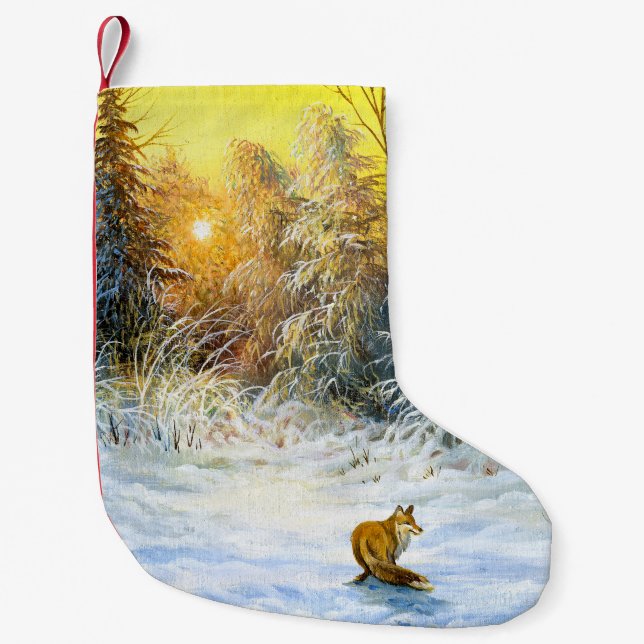 Winter landscape with a fox on a decline small christmas stocking (Front)