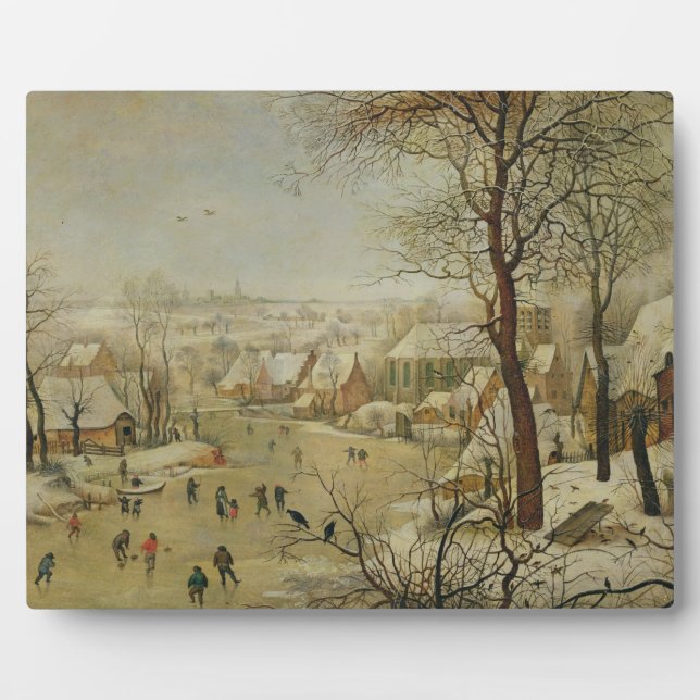 Winter Landscape with Bird Trap (oil on panel) Plaque (Front)