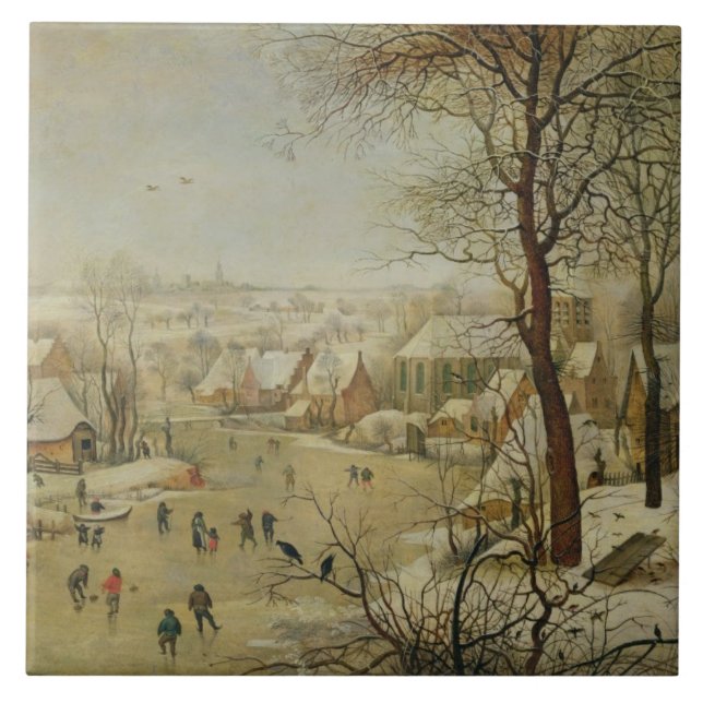 Winter Landscape with Bird Trap (oil on panel) Tile (Front)