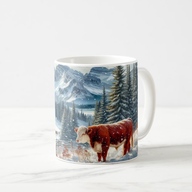 Winter Landscape With Cows Grazing in Snow Coffee Mug (Front Right)