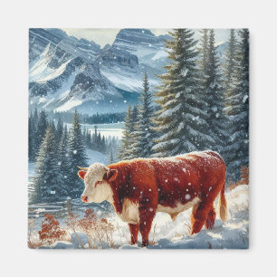 Winter Landscape With Cows Grazing in Snow Magnet
