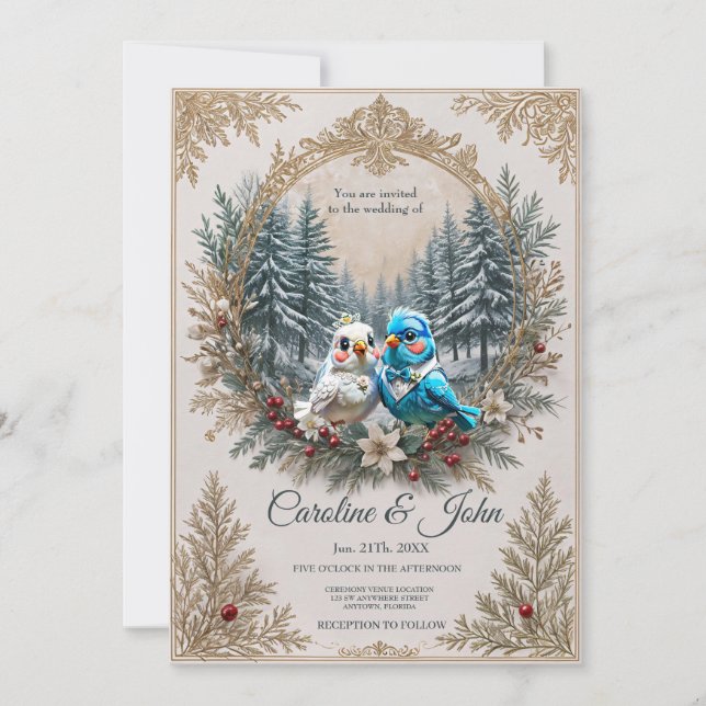 Winter landscape with cute bird wedding couple.  invitation (Front)