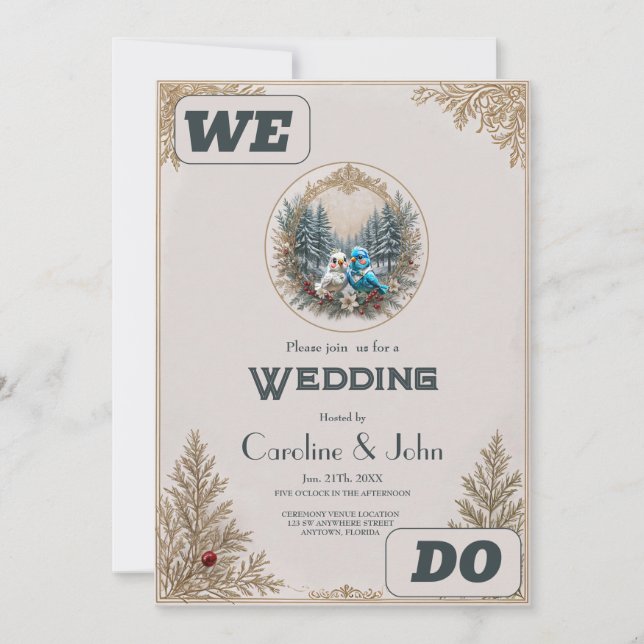 Winter landscape with cute bird wedding couple.  invitation (Front)