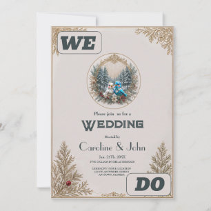Winter landscape with cute bird wedding couple.  invitation