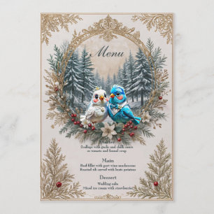 Winter landscape with cute bird wedding couple.  menu