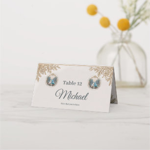 Winter landscape with cute bird wedding couple. place card