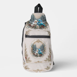 Winter landscape with cute bird wedding couple. sling bag