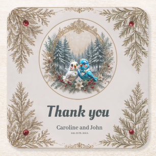 Winter landscape with cute bird wedding couple. square paper coaster