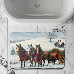 Winter Landscape with Horses and Cabin Bath Mat