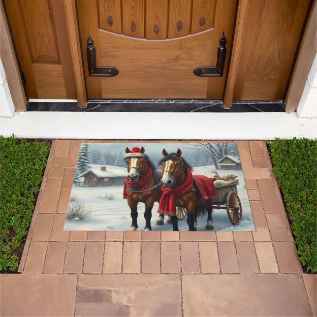 Winter Landscape with Horses and Cabin Doormat (Outdoor)