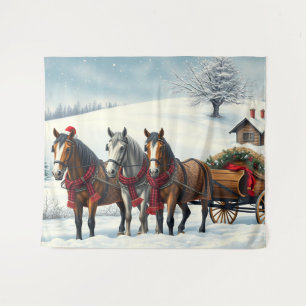 Winter Landscape with Horses and Cabin Tapestry