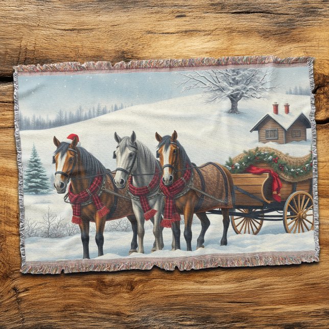 Winter Landscape with Horses and Cabin Throw Blanket (Creator Uploaded)