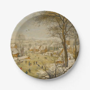 Winter Landscape with Ice Skaters and Bird Trap Paper Plate