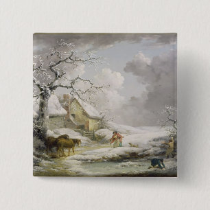 Winter Landscape with Men Snowballing an Old Woman 15 Cm Square Badge