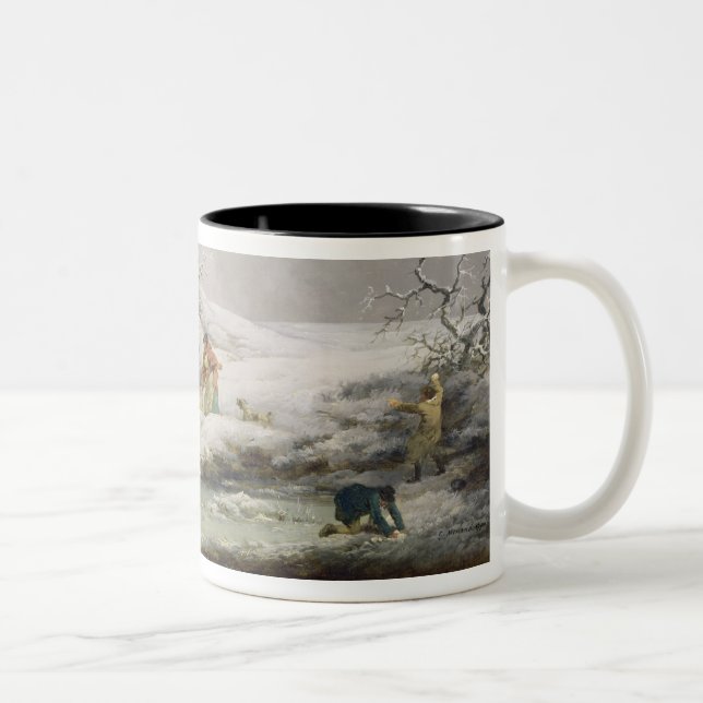 Winter Landscape with Men Snowballing an Old Woman Two-Tone Coffee Mug (Right)