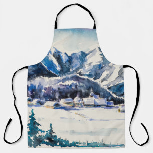Winter landscape with mountain village covered wit apron