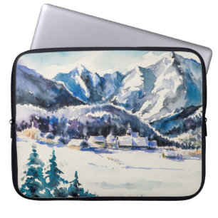 Winter landscape with mountain village covered wit laptop sleeve