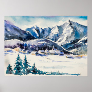 Winter landscape with mountain village covered wit poster