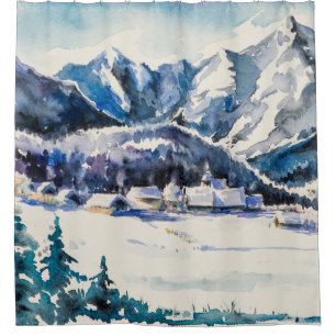 Winter landscape with mountain village covered wit shower curtain