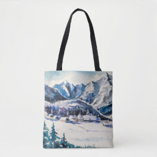 Winter landscape with mountain village covered wit tote bag