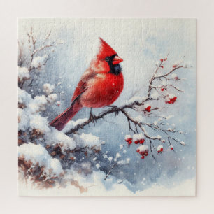 Winter Landscape With Red Cardinal Jigsaw Puzzle