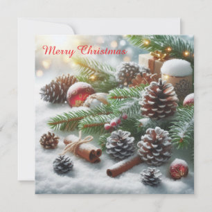 Winter landscape with snow and fir tree branch holiday card