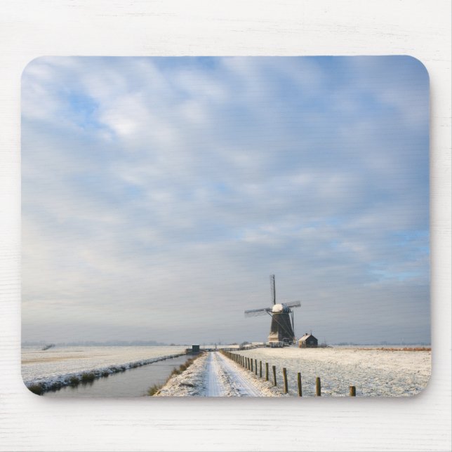 Winter landscape with snow and windmill in Holland Mouse Mat (Front)