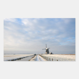 Winter landscape with snow and windmill in Holland Rectangular Sticker
