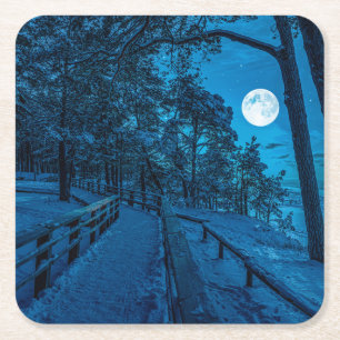 Winter landscape with snow covered pine forest square paper coaster