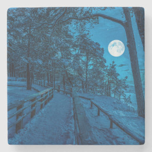 Winter landscape with snow covered pine forest stone coaster