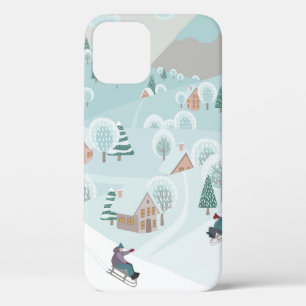 Winter landscape with snow, trees and children on iPhone 12 case