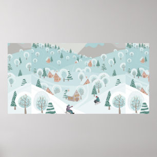 Winter landscape with snow, trees and children on poster